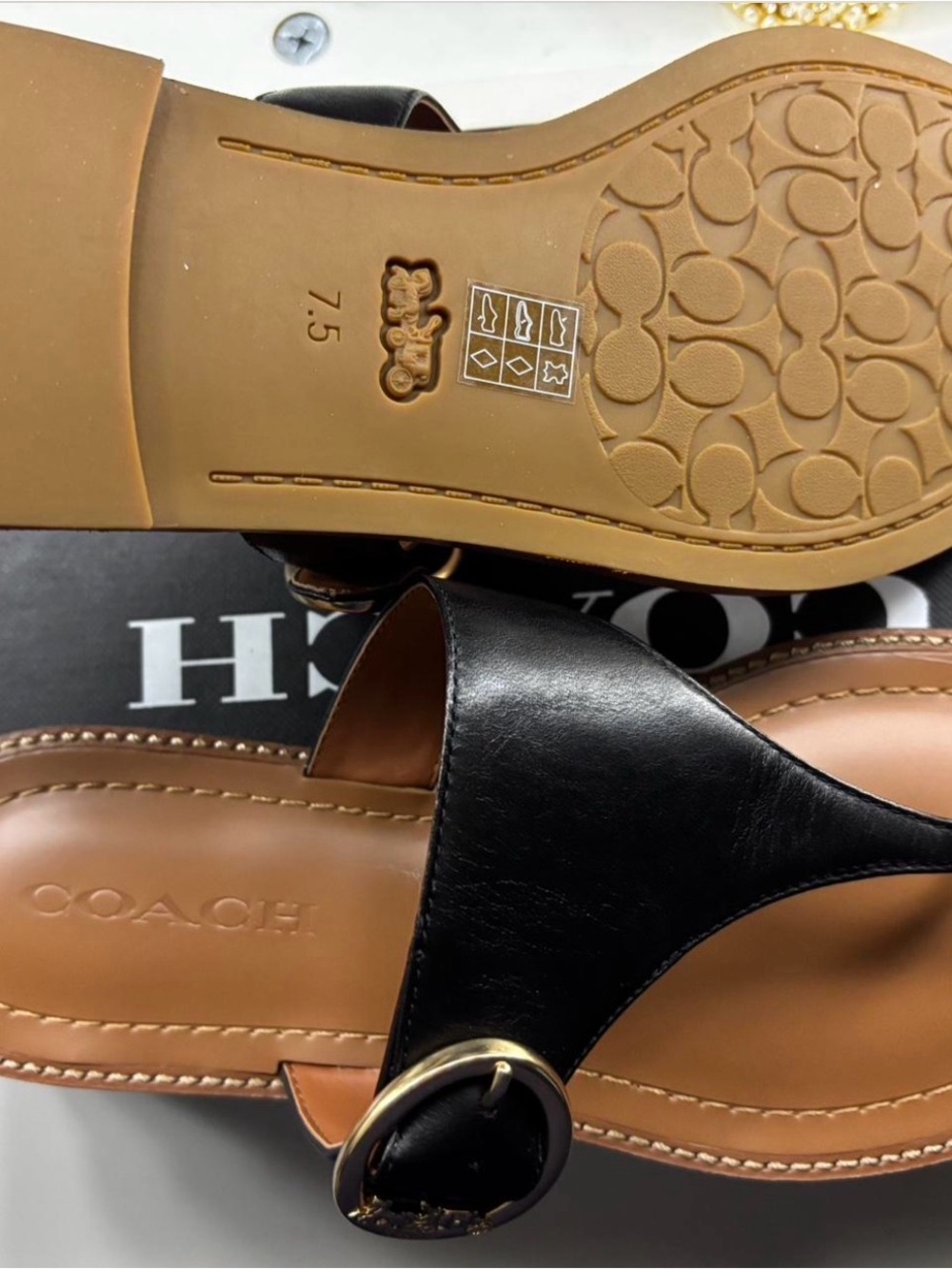 Coach Black Leather Thong Sandals with Gold Coach Carriage Buckle - Picture 3 of 3
